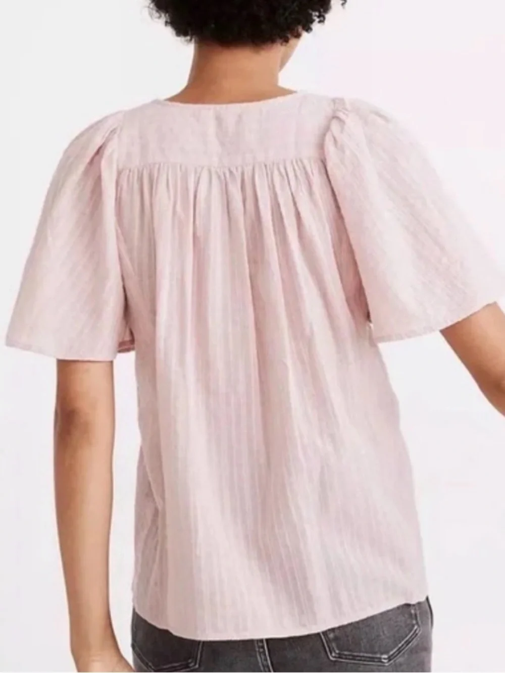 Madewell Courtyard Flutter Pink Button-Front Puff-Sleeve Blouse Top Capsule | S